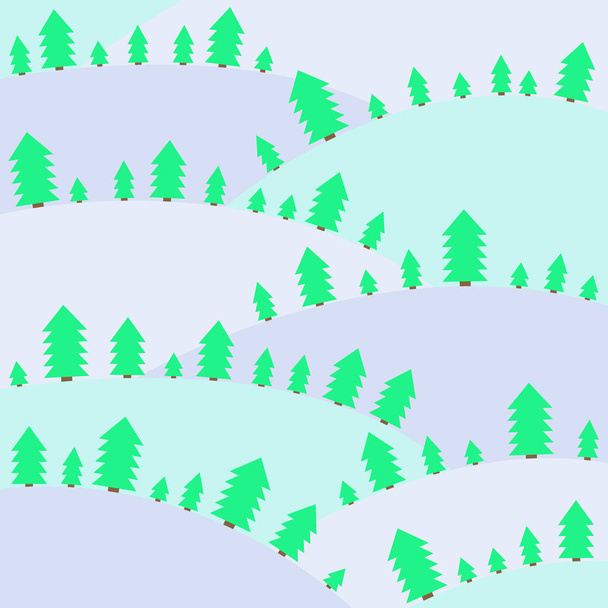 Snow hills with fir trees. Winter landscape. Christmas and New Year card. Vector illustration. - Vector, Image