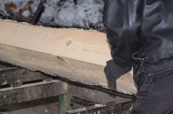 Řezací přihlásí na prknech. V zimě zpracování stromu. Zpracování dřeva. - Fotografie, Obrázek