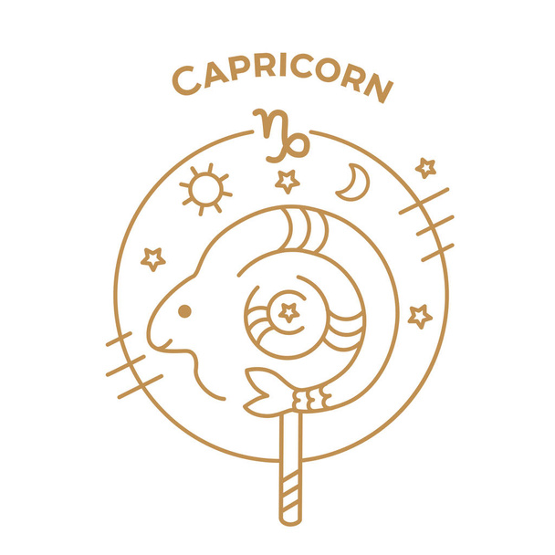 Signo del zodiaco vectorial Capricornio, logotipo o ilustración. Horóscopo de comida para niños
.  - Vector, imagen