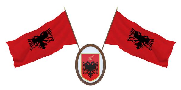 国旗およびアルバニアの国章。エディターとデザイナーの背景。国民の祝日。3 d イラストレーション - 写真・画像