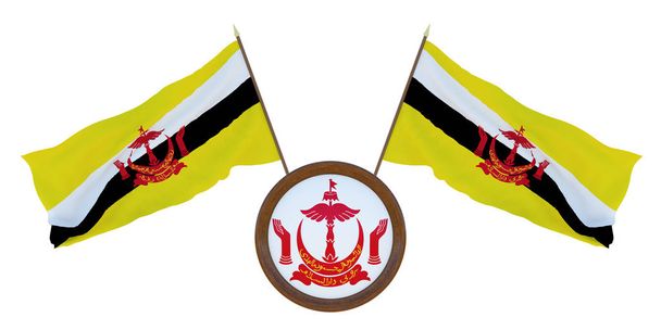 National flag and the coat of arms of Brunei. Background for editors and designers. National holiday. 3D illustration - Photo, Image