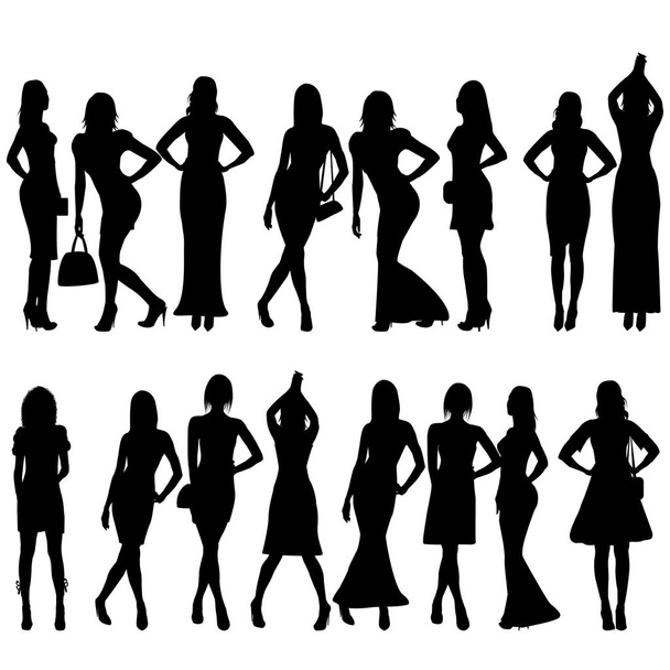 Sammlung schwarzer Silhouetten schöner Frauen auf weißem Hintergrund - Vektor, Bild