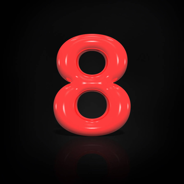 Glossy red paint number 8 of balloon isolated on black background, 3d rendering illustration - Foto, afbeelding