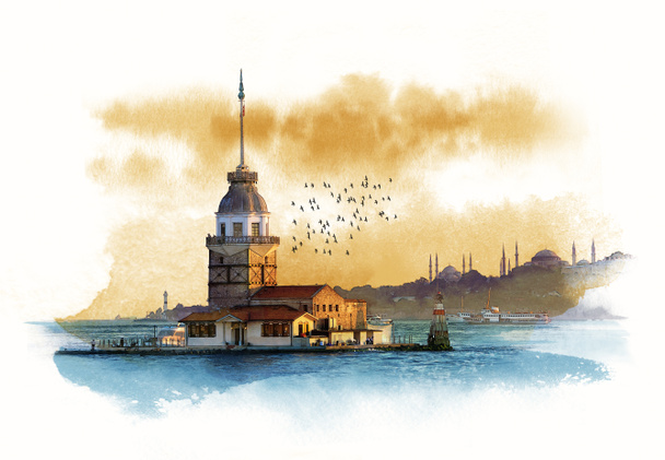 Panenská věž za svítání v Istanbulu v Turecku. Akvarelu skica - Fotografie, Obrázek