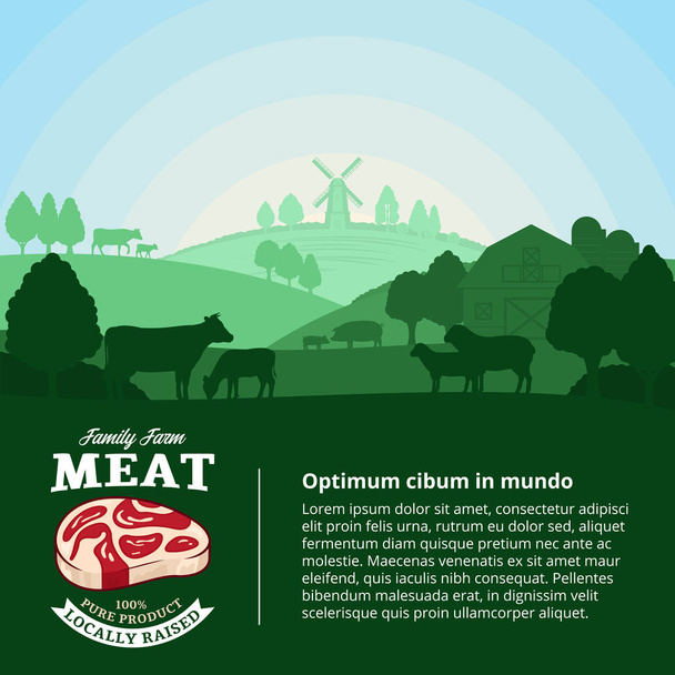 Vektor farm friss hús illusztráció vidéki táj és a gazdaságok állatokkal. Modern stílusú húsipari címke. Hentes üzlet vagy gazdálkodási tervezési elemek. - Vektor, kép