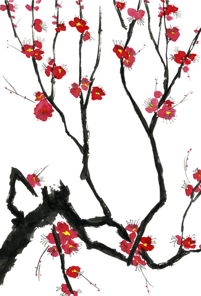 A branch of a blossoming tree. Pink and red stylized flowers of plum mei, wild apricots and sakura . Watercolor and ink illustration in style sumi-e, u-sin. Oriental traditional painting.   - Фото, изображение
