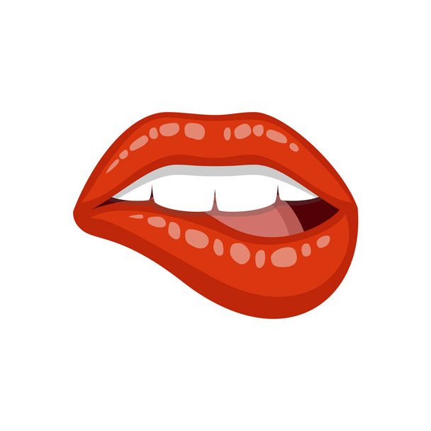 Sexy womans lip. Bite ones lip, female lips with red lipstick. Vector illustration isolated on white background. - Vector, Image
