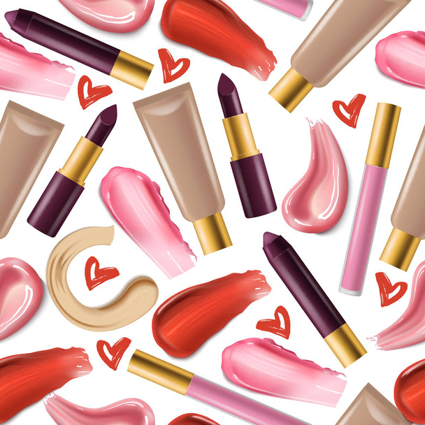 Lipstick seamless pattern vector beautiful red color fashion pink lipgloss lip makeup illustration backdrop of shiny liquid female cosmetic on white background - Wektor, obraz