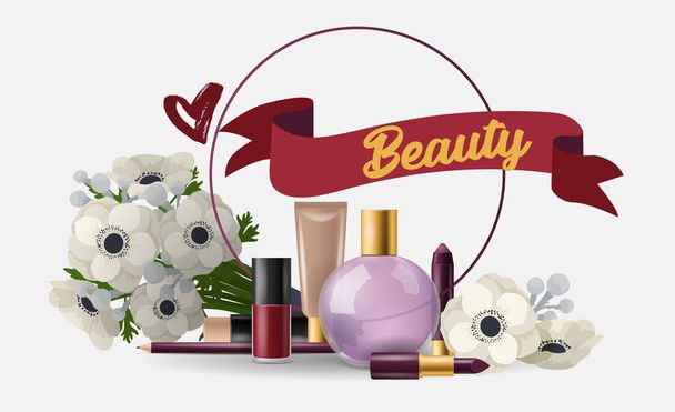 Cosmetic vector beauty make up cosmetology for beautiful woman with makeup foundation powder perfume illustration card cosmetician accessories flowers background - Διάνυσμα, εικόνα