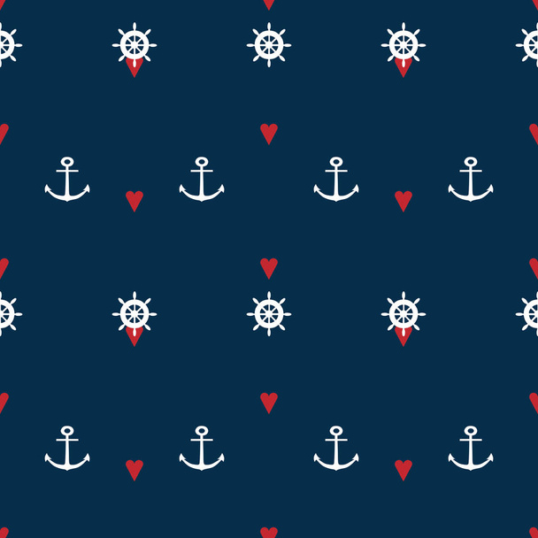 Cute simple vector seamless pattern with little red hearts and white anchors and wheels on navy blue background. - Vector, Image