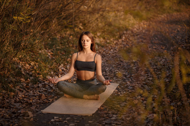 Mujer joven practicando yoga en el parque otoñal con hojas amarillas. Deportes y recreación estilo de vida
. - Foto, imagen