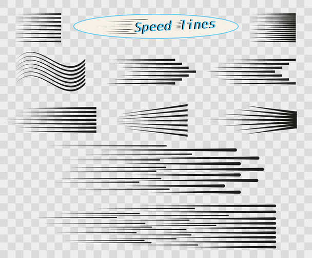 Set of vector different options of simple horizontal lines of speed, movement, black color. Manga cartoon design elements on isolated transparent background. - Vector, Image