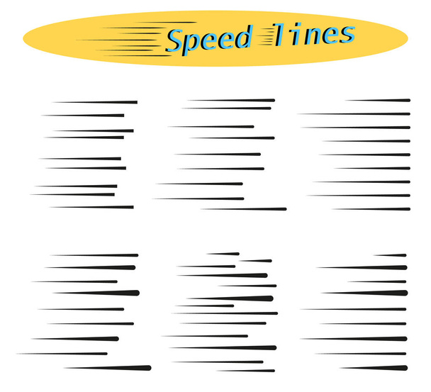 Set of vector different options of simple horizontal lines of speed, movement, black color. Manga cartoon design elements on white isolated background. - Vector, Image