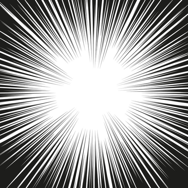 Many black comic radial speed Lines on white base. Effect power explosion illustration. Comic book design element. Graphic Explosion with Speed Lines in comic book style. Vector Illustration - Vektör, Görsel