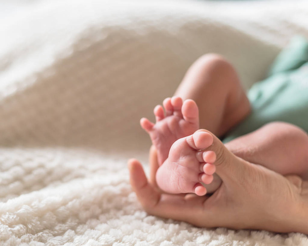 Gros plan petits orteils roses de nouveau-né asiatique bébé dans ses mains de mère avec fond de couverture confortable. Amour, famille et concept de protection
 - Photo, image