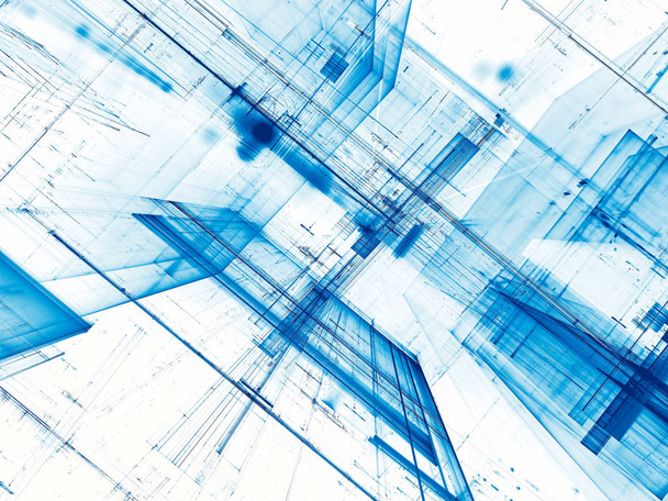 White and blue tech or sci-fi background - abstract computer-generated 3d illustration (en inglés). Arte digital contemporáneo: paredes diagonales inclinadas con líneas de caos y puntos. Fondo o elemento de diseño gráfico
 - Foto, Imagen