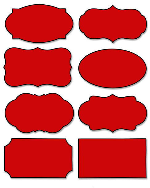 Conjunto de etiqueta de color rojo oscuro y burbuja de voz con diferentes formas aisladas sobre fondo blanco. Colección de etiquetas con borde negro y espacio de copia
. - Foto, Imagen