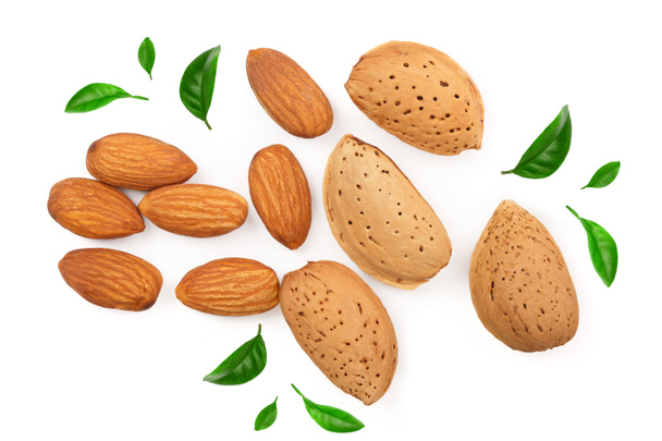 almonds with leaves isolated on white background. Flat lay pattern. Top view - Photo, Image
