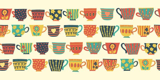 Tea cups vector seamless pattern border beige - Вектор,изображение