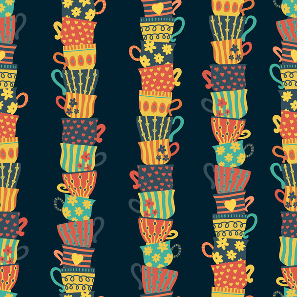 Montones de tazas de colores apilados patrón sin costura
 - Vector, Imagen