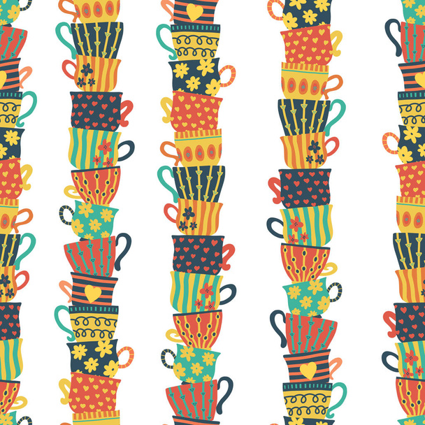 Seamless pattern piles stacked colorful tea cups - Vector, Image