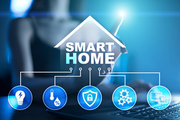 Smart home digital interface on virtual screen. Internet and automation technology concept. - Фото, зображення