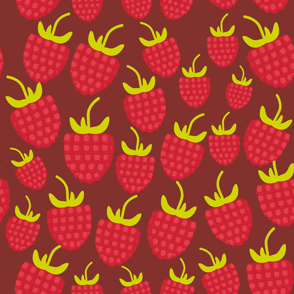 seamless pattern Red ripe raspberries Fresh juicy berries on burgundy maroon background. Vector illustration - Vector, imagen