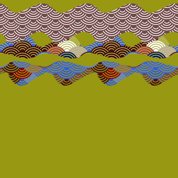 パターン龍魚は、日本の波の円パターン暗褐色ブルゴーニュ マルーン ブルーの背景と、シンプルな自然の背景をスケーリングします。テキストのためのスペースと緑のカーキ色カード バナー デザイン。ベクトル図 - ベクター画像