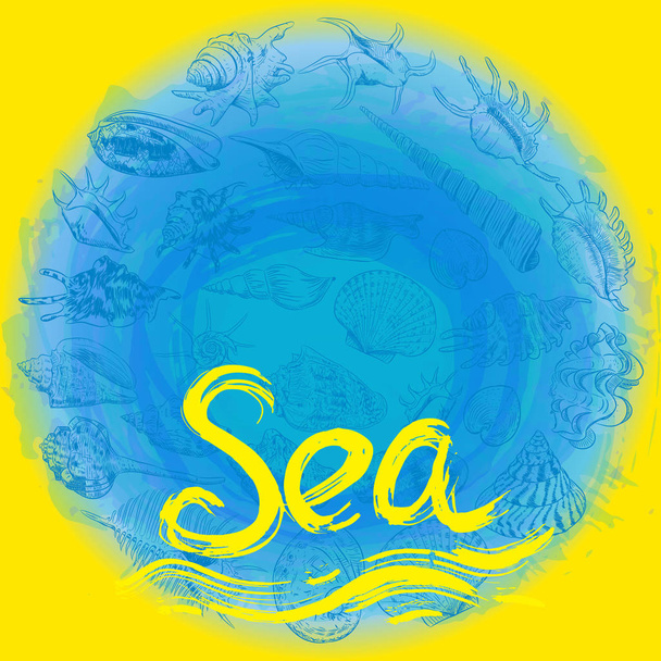 symbol of the sea ocean trendy print Round composition Beige sand. Summer sea shells, molluscs on blue yellow abstract background. Circle wreath card banner design with space for text. Vector illustration - Wektor, obraz