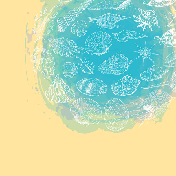symbol of the ocean trendy print Round composition Beige sand. Summer sea shells, molluscs on blue abstract background. Circle wreath card banner design with space for text. Vector illustration - Vektori, kuva