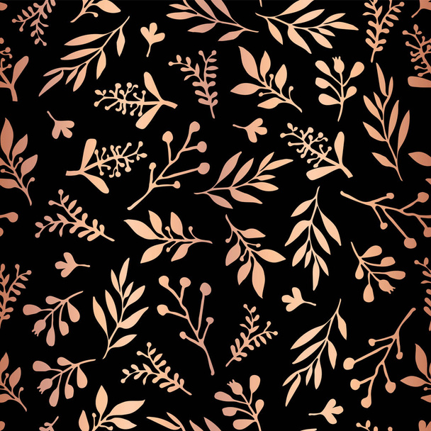 Rose Gold foil florals on black seamless vector - Vektör, Görsel