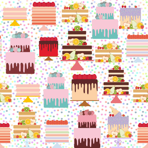 Naadloze patroon verjaardag, Valentijnsdag, bruiloft, verloving. Set zoete cake, taart staan, vers fruit bessen, chocolade hagelslag ijsvorming, cake pops, pastel kleuren op een witte achtergrond. Vectorillustratie - Vector, afbeelding