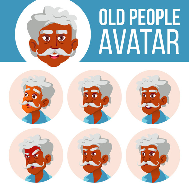 Indian Old Man Avatar Set Vector. Face Emotions. Hindu. Asian. Senior Person Portrait. Elderly People. Aged. User, Character. Fun, Cheerful. Cartoon Head Illustration - Vector, Image
