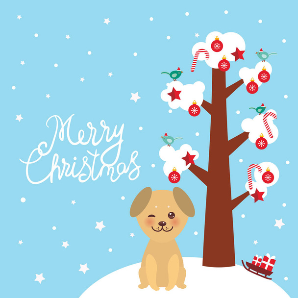 Merry Christmas New Year's kaart ontwerpen Kawaii golden beige hond boom met witte sneeuw op de takken, de vogels en de rode kerstversiering. Snoep ballen sterren, sleigh geschenken op blauwe hemelachtergrond. Vectorillustratie - Vector, afbeelding