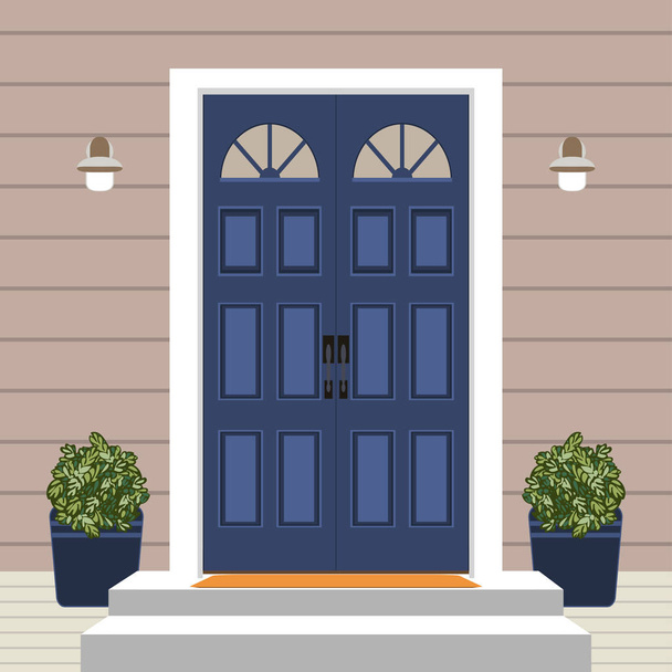 Dom drzwi przednie z ręki i mat, kroki, okna, lampy, kwiaty, budynek fasada wpis, zewnętrzne wejście wektor ilustracja w płaski - Wektor, obraz