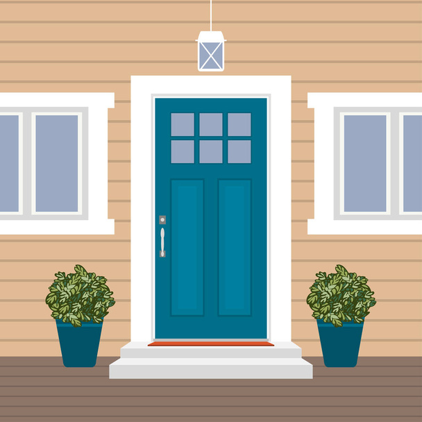 House door front with doorstep and mat, steps, window, lamp, flowers, building entry facade, exterior entrance design illustration vector in flat style - Vector, Image