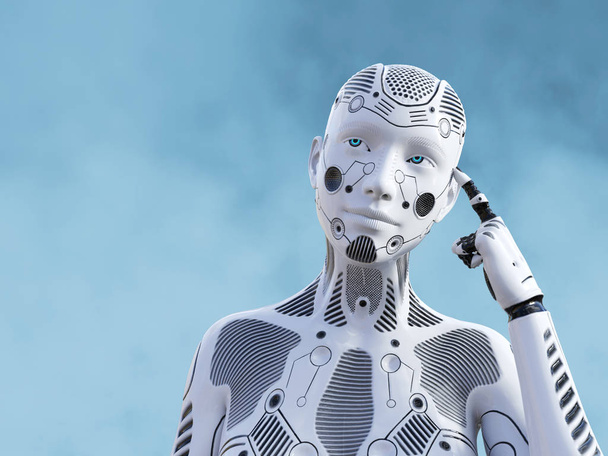 3D-візуалізація жінки-робота виглядає, як вона думає про щось, використовуючи її штучний інтелект
. - Фото, зображення