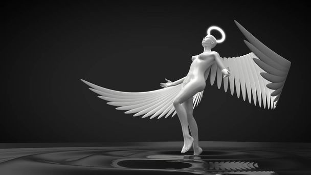 melek AI kavramı. siyah sıvı yükselen kadın karakter. 3D çizim - Fotoğraf, Görsel