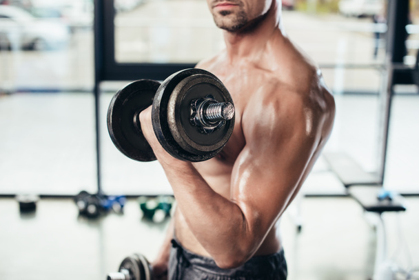 imagen recortada de un deportista sudoroso sin camisa entrenando con pesas en el gimnasio
  - Foto, Imagen