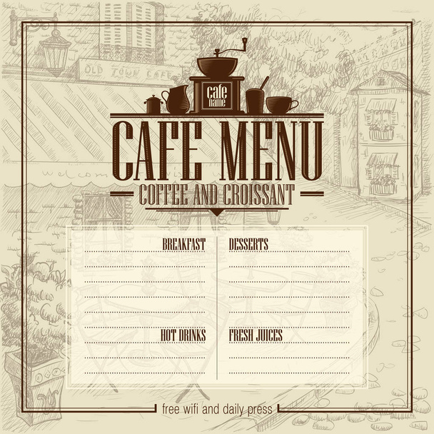 Cafe menu list with vintage graphic illustration of an old style street cafe on a backdrop. Copy space for text - Vecteur, image