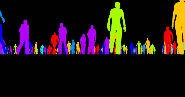 Värilliset siluetit joukosta ihmisiä mustalla taustalla
 - Materiaali, video