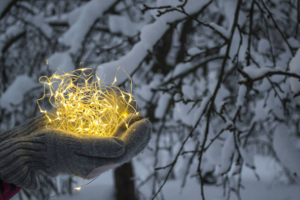 The festoon lights in hands outdoor. - Photo, Image