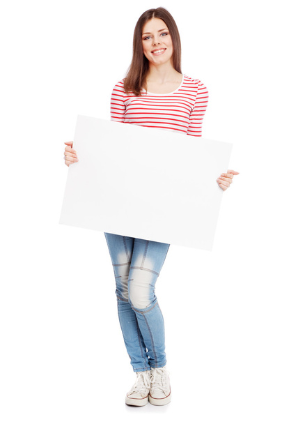 Casual young woman holding a white board - Foto, Imagem
