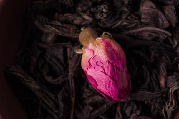A bud of the tea rose on a cured leaves  black teas. A bud of the tea rose and Loose dried tea leaves close-up. The tea with love. - Photo, Image