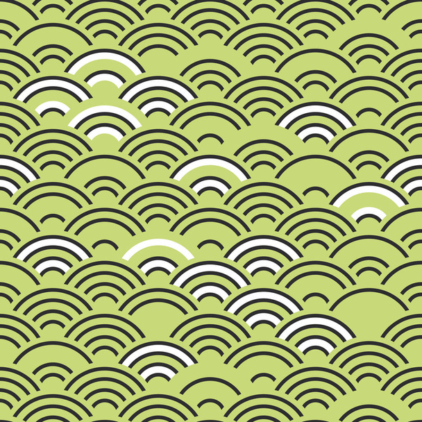 Seigaiha lub seigainami oznacza dosłownie fali morskiej. Jednolity wzór streszczenie skale proste tło wiosna natura z japońskim koło czarny zielony biały kolory. Ilustracja wektorowa - Wektor, obraz