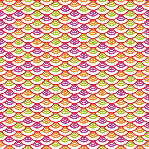 Seigaiha or seigainami literally means wave of the sea. abstract scales simple Nature background with japanese circle seamless pattern white green orange red lilac colors. Vector illustration - Vector, imagen
