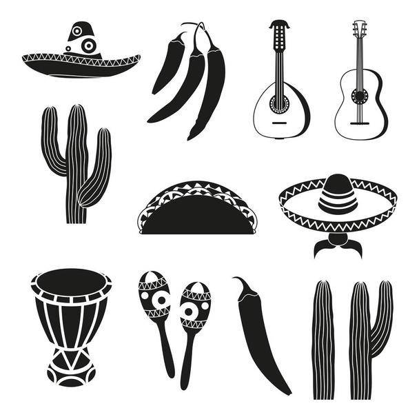 Black and white 12 mexican elements. - Vector, Imagen