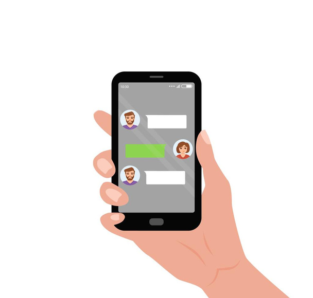 Mão segurando móvel com aplicativo messenger chat ao vivo na tela
. - Vetor, Imagem