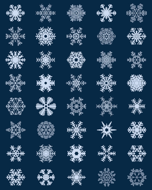Set van verschillende witte sneeuwvlokken op een blauwe achtergrond - Vector, afbeelding