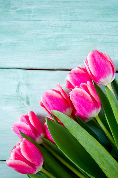 pink tulips on turquoise wooden surface - Foto, imagen